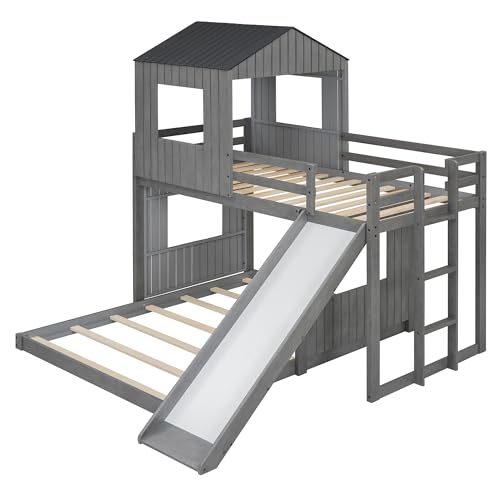 Harper & Bright Designs House Bunk Bed with Slide,Wood Twin Over Full Bunk Bed with Roof,Ladder & Safety Guardrail,Floor Bunk Loft Bed for Kids,Teens,No Box Spring Needed, Antique Grey Harper & Bright Designs