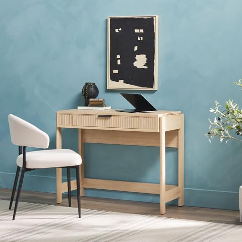 Walker Edison Transitional Style Furniture, Reeded Detail, Lift-Top Desk with Drawer and Storage Cubby, Sitting to Standing Desk, Soft Self-Close Desktop, 38”W x 16.75”D x 30”H, Coastal Oak Walker Edison