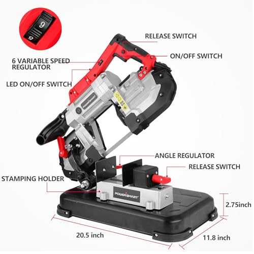 PowerSmart Portable Band Saw with Removable Alloy Steel Base, 10Amp 1100W Motor 5-Inch Deep Cut Bandsaw for Metal Wood - WoodArtSupply