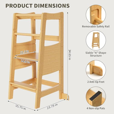 Toddler Standing Tower, Toddler Step Stool with Safety Rail, 3 Heights Adjustable Learning Standing Stool, Wide Platform Design Toddler Step Stool, Toddler Standing Step Stool for Kids xinyoec