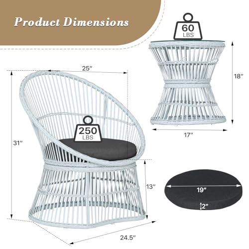 Athena Collection Outdoor Patio Furniture Set Wicker Bistro Set, 3 Piece Conversation Set All-Weather PE Rattan Chairs with Seat Cushions & Glass Table for Porch, Backyard, Black Athena Collection