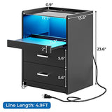 VIAGDO Nightstand with Charging Station and LED Lights, Black Night Stand with Glass Top and Storage Drawers, End Side Tables with Pull-Out Tray and USB Ports, Modern Bedside Tables for Bedroom VIAGDO