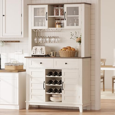 GarveeHome 72 in Tall Kitchen Pantry Cabinet, Kitchen Hutch Bar Cabinet with Microwave Stand, Cupboard with Drawers Glass Doors for Dining Room, White (Antique White, 40" Wide) GarveeHome