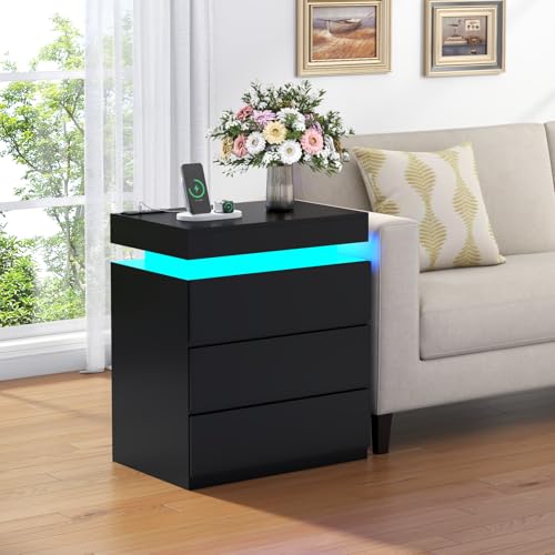 Nightstand with Charging Station and LED Lights, Night Stand with 3 Large Drawers, Bedside Table with Storage, Modern End Side Table, Black Night Stands for Bedroom, Living Room, 23.62" W×26.97" H Gyfimoie