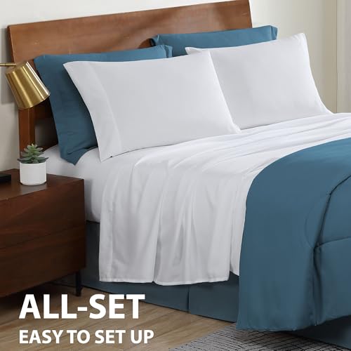 Cathay Home Basic Bedding Home Essential Ultra Soft Lightweight 8PC Wrinkle Resistant Microfiber Bed in a Bag Set (Includes Complete Sheet Set, Comforter Set & Bedskirt) - Full, Blue Cathay Home