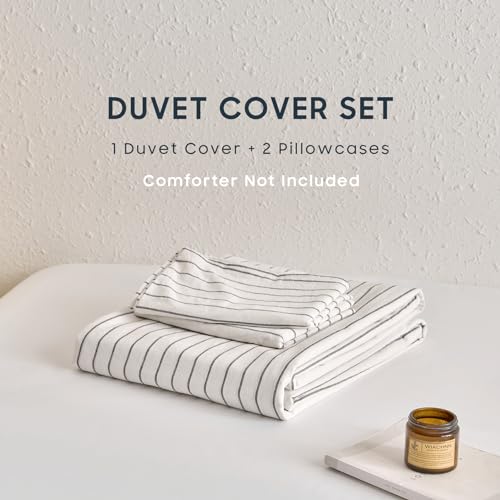 Wake In Cloud - Striped Cotton Duvet Cover Set, Ticking Stripe Vertical Pinstripe Farmhouse, 100% Washed Cotton Textured Percale Bedding Set, 3 Pieces, White, King Size Wake In Cloud