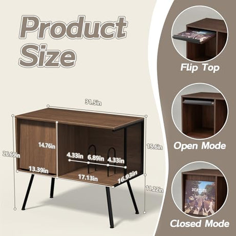 Faesun Flip Top Record Player Stand, Large Turntable Stand Holds up to 150+ Albums, Vintage Mid Century Record Player Table, Stereo Cabinet with Open Storage, for Living Room, Bedroom, Walnut Faesun