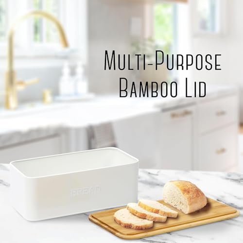 OUTSHINE White Bread Box for Kitchen Countertop, Bread Box with Cutting Board Lid, White Bread Box, Small Bread Box, Bread Bin, Bread Holder for Kitchen Counter