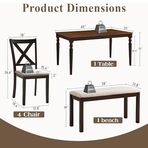 LUXOAK 6-Piece Solid Wood Dining Table Set, Upholstered Chair w/Bench Seat, Seating for 6, 60'' Farmhouse Wood Kitchen Chairs Set for Living Room, Dining Room, Brown & Black Finish LUXOAK