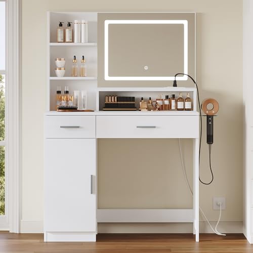 ProsperHaven Vanity Desk with LED Mirror and Lights, Makeup Vanity Table with Power Outlet, Drawers, Cabinet, Dressing Table with Open Storage Shelves for Bedroom, Dressing Room, White ProsperHaven