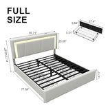 Full Size Bed Frame with 4 Storage Drawers and LED Lights, Upholstered Platform Bed with Adjustable Headboard and Charging Station, Metal Slats Support, No Box Spring Needed,Easy Assembly, White E-Motie