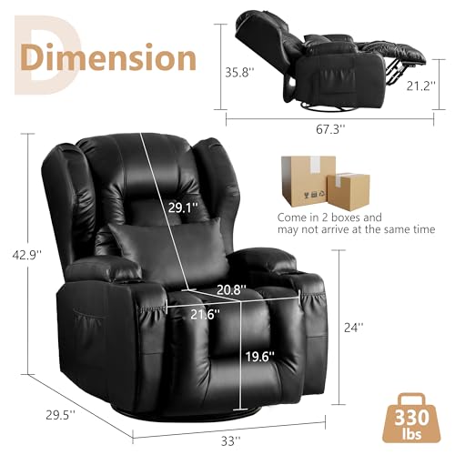 DRMBOOK Dual Motor Power Swivel Rocker Recliner Chairs, Electric Wall Hugger Reclining Sofa with Massage & Heat, Comfy Theater Seating with LED Light/USB/Type-C Ports (Leather Black, Set of 2)