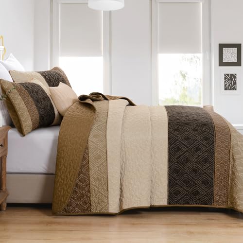 Boho Queen Quilt Set,Striped Plaid Bedspread Coverlet Set,Light Brown Bedding Set Soft Microfiber Bedding Set with 2 Pillow Shams 96"x90" Cottolester