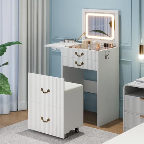 FURSUN 3-in-1 Vanity with Flip Mirror & Lights, Fluted Compact Vanity Table with 3 Drawers, Storage Compartment and Rolling Stool, Modern Small Makeup Vanity for Bedroom, Powder Room, Solid White FURSUN