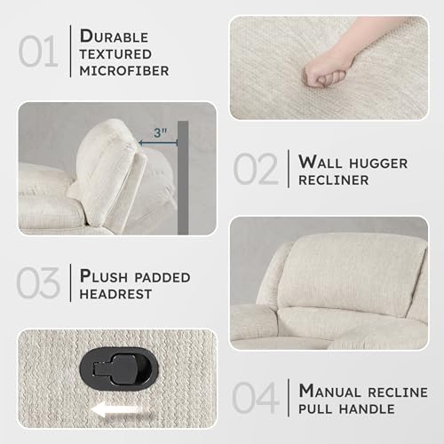 Lexicon Manual Reclining Chair-Textured Microfiber Wall Hugger Recliner, Tab Pull Reclining, Pillow Top Arms, for Living Room/Theater Seating/Apartment, Easy Assembly, Vanilla Beige