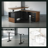 ModernMate 63" Standing Desk with File Cabinet, Privacy Panel, AC/USB, 1.18" Desktop, Executive L Shaped Height Adjustable Electric Stand Up Desk, Home Office Table with 3 Drawers, Black Walnut ModernMate