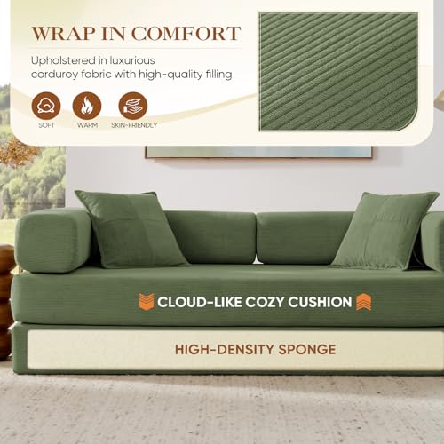 Antetek 78" Convertible Futon Sofa Bed, 3-Seater Modern Corduroy Foam Floor King Size Bed Foldable Sleeper Lounge Loveseat Sofa Couch with 2 Throw Pillows for Living Room Bedroom Guest Room, Green Antetek