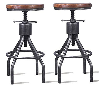 LOKKHAN Set of 2 Industrial Bar Stool-Vintage Adjustable Round Wood Metal Swivel Bar Stool-Cast Iron-23-30 Inch Tall Counter Bar Height Farmhouse Kitchen Stools - WoodArtSupply