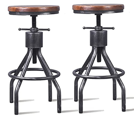LOKKHAN Set of 2 Industrial Bar Stool-Vintage Adjustable Round Wood Metal Swivel Bar Stool-Cast Iron-23-30 Inch Tall Counter Bar Height Farmhouse Kitchen Stools LOKKHAN