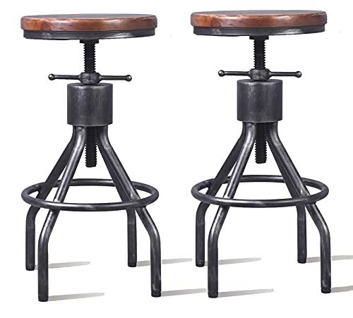 LOKKHAN Set of 2 Industrial Bar Stool-Vintage Adjustable Round Wood Metal Swivel Bar Stool-Cast Iron-23-30 Inch Tall Counter Bar Height Farmhouse Kitchen Stools - WoodArtSupply