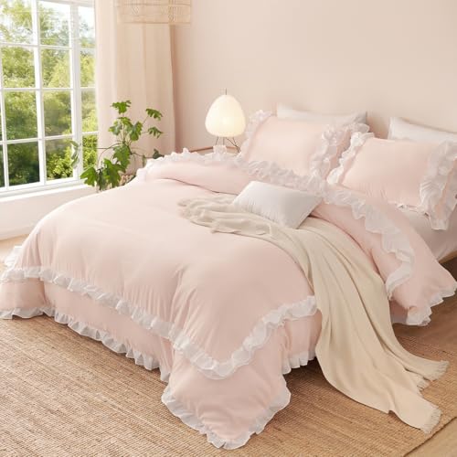 CCoutueChen Ruffle Duvet Cover Full 3Pcs Blush Pink Shabby Chic Farmhouse Bedding Set Girls 100% Washed Microfiber Duvet Cover Set Boho Vintage Ruffled Bedding with 2 Pillowcases(No Comforter) CCoutueChen