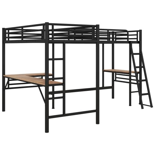 Harper & Bright Designs Twin Size Metal Loft Bed with Two Built-in Desks, L-Shaped Loft Bed with Two Ladders for Kids Teens, Black Harper & Bright Designs