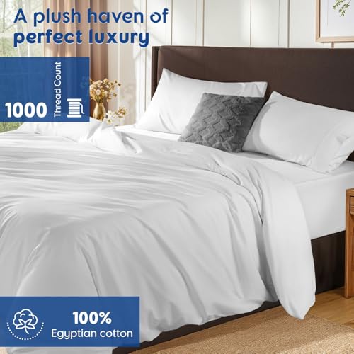 SONORO KATE 100% Egyptian Cotton Duvet Cover King Size, 1000 Thread Count Sateen Duvet Cover, Soft, Breathable Cotton Comforter Cover with Hidden Zipper Closure - 3 PC (White,King) SONORO KATE