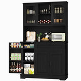 Shintenchi Kitchen Pantry Storage Cabinet, Freestanding Buffet Cabinet with Microwave Stand & 4 Door Shelves, Kitchen Hutch with Doors, Adjustable Shelves and Wine Rack, Black Shintenchi
