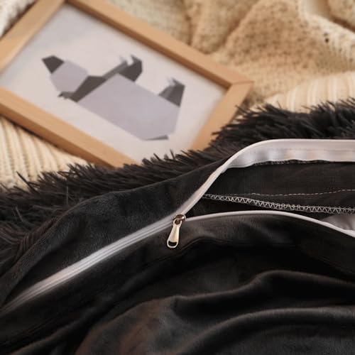 HAIHUA Plush Black Comforter Cover Queen Set, Soft Faux Fur Fluffy Black Bedding Queen Set 3 Pieces (1 Fuzzy Duvet Cover + 2 Furry Pillow Cases) Shaggy Bed Set, Zipper Closure HAIHUA