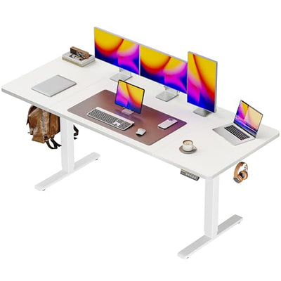 Huuger 63 x 28 Large Electric Standing Desk, Height Adjustable Computer Desk, 27.6" Deep Desktop, Stand up Gaming Office Table with 2 Hooks, 3 Preset Heights, for Home Office, White