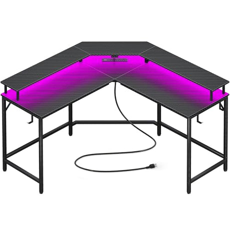 Huuger L Shaped Gaming Desk with Power Outlets & LED Lights, Computer Desk with Monitor Shelves, Carbon Fiber Surface, Home Office Desk, Corner Gaming Desk with Hooks, Carbon Fiber Black Huuger