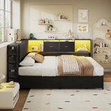 MapleGrace Twin Corner Bed Frame with Upholstered Storage Headboard and Drawers, Metal Platform Bed Frame with LED Light and Charging Station, Twin Daybed for Living Room, Bedroom & Guest Room, Black MapleGrace