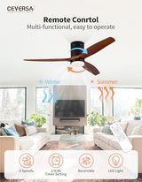 Ceversa 52 Inch Solid Wood Low Profile Ceiling Fan with Light and Remote Control,3 Blades Flush Mount Ceiling Fan Walnut Craftmade Easy Installation for Living Room Bedroom Farmhouse Indoor Ceversa