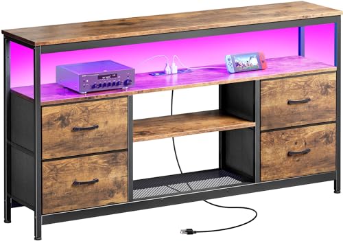 Huuger TV Stand Dresser with Power Outlets and LED Lights, 4 Drawers Entertainment Center with Shelves, 54 Inch Media Console for 55 60 Inch TV, 4 AC Outlets, 2 USBs, Rustic Brown - WoodArtSupply