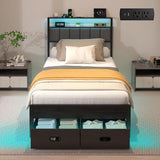 Aelawe Twin Bed Frames with Storage Drawer, Platform Bed with Charging Station and LED Lights, Upholstered Headboard with 2-Tier Storage Shelves, No Box Spring Needed Aelawe