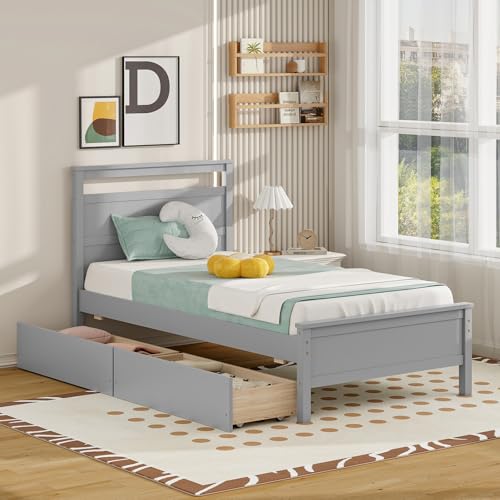 Giantex Wood Twin Bed with 2 Storage Drawers, Solid Wood Platform Bed with Headboard, Single Bed Wooden Slats Support, No Spring Needed, Twin Bed Frame for Kids, Teens, Adults (Grey) Giantex