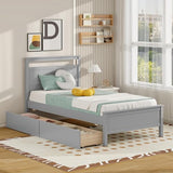 Giantex Wood Twin Bed with 2 Storage Drawers, Solid Wood Platform Bed with Headboard, Single Bed Wooden Slats Support, No Spring Needed, Twin Bed Frame for Kids, Teens, Adults (Grey) Giantex