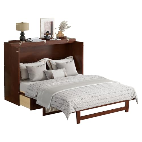 KALALLA Retro Rattan Queen Size Murphy Bed Cabinet with Storage Drawers, Hidden Foldable Platform Bed, Space Saving for Small Room, Kids Adults Guest, Walnut KALALLA