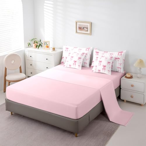 Erosebridal Pink Ribbon Bowknot Bed in A Bag with Sheets for Girls Kids Teens Women Princess Satin Bow Queen Comforter Set 7 Piece Kawaii Coquette Bedding Set Pink Stripes Bed Set Erosebridal