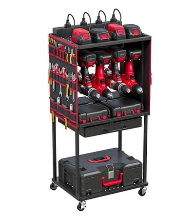 Luffioner Power Tool Organizer Cart with 8 Outlets Charging Station, Tools Storage Cart with DIY Drawer, Wheels, Power Strip, Utility Rack for Power Tools, Batteries, Wrench, Repair Tools (Red)