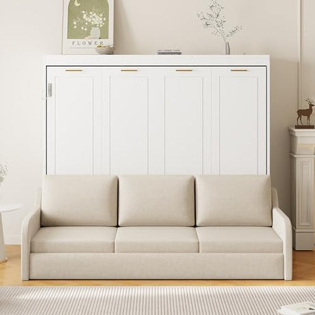 SOFTSEA Full Size Murphy Bed with Sofa and Shelves, Horizontal Murphy Bed Cabinet with LED Light, Hidden Wall Bed with Foldable Couch Space-Saving for Guest Room Bedroom Office, Beige SOFTSEA