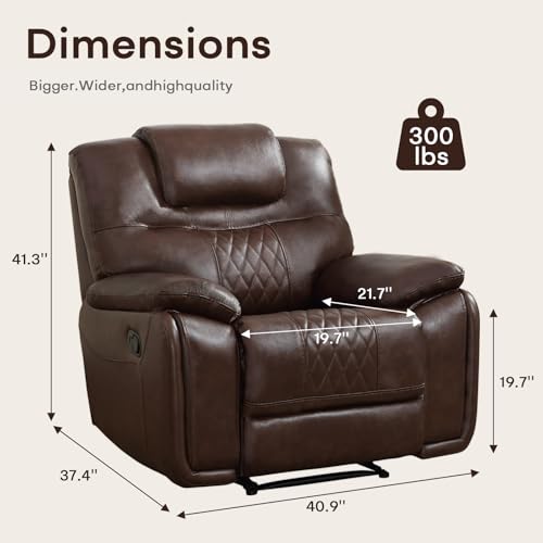 ANJ Genuine Leather Recliner Chair, Manual Reclining Chair with Ergonomic Design, Oversized Single Sofa Recliner with Soft Armrest and Flexible Footrest for Living Room,Red Brown