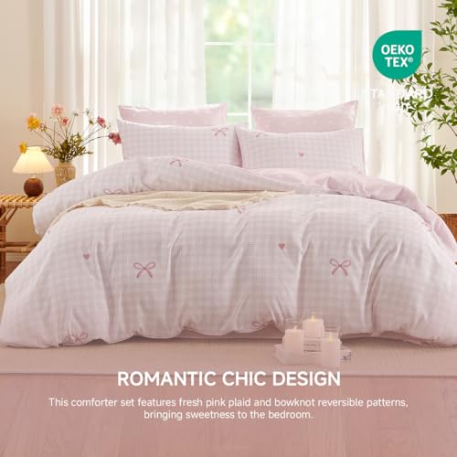 Erwinmu Gingham Comforter Set Twin Size,2 Pieces Pink Plaid Bow Ties Comforter Bedding Sets Reversible Pattern for Girls Kids,Cozy Breathable Microfiber Comforter and 1 Pillowcase Erwinmu