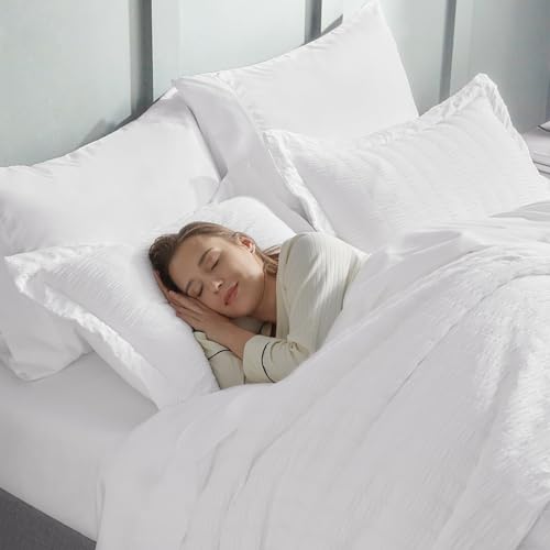 CozyLux Twin XL Seersucker Comforter Set with Sheets White 5 Pieces Bed in a Bag Twin Extra Long Luxury Soft Bedding Sets for College Dorm with Down Alternative Comforter, Sheets, Pillowcase & Sham CozyLux