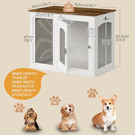 CHOEZON Wooden 30.1" Dog Crate Furniture, Farmhouse Pet Cage End Table with Secure Lock, Ventilated Mesh for Medium Dogs, Dog Kennel Furniture for Living Room, Bedroom, White and Walnut MGW02WL CHOEZON