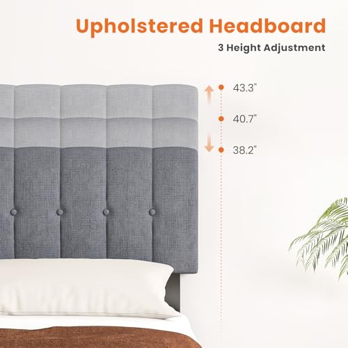 Sweetcrispy King Size Bed Frame - Fabric Upholstered Platform Bed with Headboard, 800LBS Sturdy Wooden Slats Support, No Box Spring Needed, Noise Free, Easy Assembly, Grey Sweetcrispy