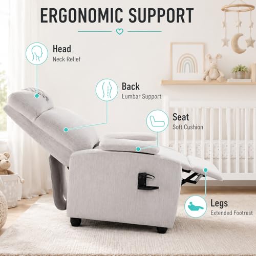 HRVEOCEI Modern Small Recliners for Adults, Gray Recliner Chair with Cup Holder, Push Back Recliners for Small Spaces Living Room Bedroom, 90°-160° Adjustable, Extended Footrest (Light Gray)