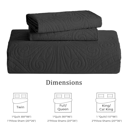 WURUIBO King/Cal King Quilt Set Black,Ultrasonic Embossed Bedspread, Lightweight Microfiber Coverlet, Modern Thin Bedding Set for All Season, 3 Piece(1 Quilt,2 Pillow Shams) WURUIBO
