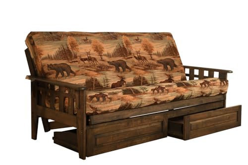 Jerry Sales FutonX Rustic Walnut Frame and Mattress Set with Choice to add Drawers, 8 Inch Innerspring Futon Sofa Bed Full Size Wood (Kodiak Bear Matt, Frame and Drawers) Jerry Sales