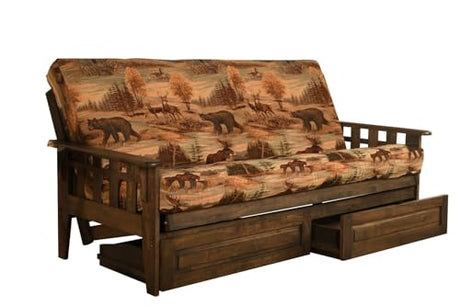 Jerry Sales FutonX Rustic Walnut Frame and Mattress Set with Choice to add Drawers, 8 Inch Innerspring Futon Sofa Bed Full Size Wood (Kodiak Bear Matt, Frame and Drawers) Jerry Sales